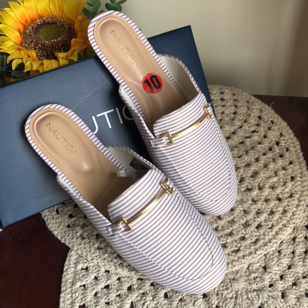 Nautica Tan & White Striped Slip-On Mules with Gold Accent - Picture 12 of 12